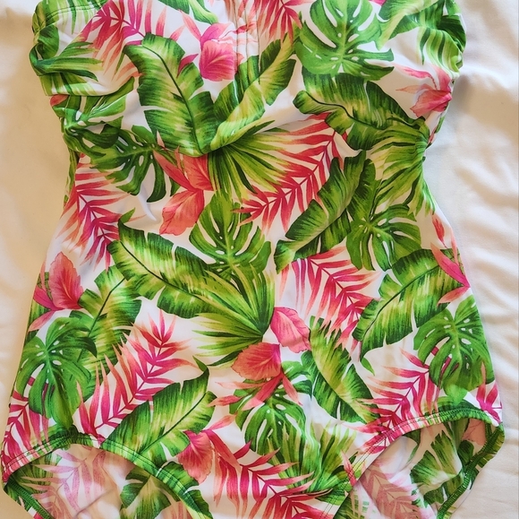 Jantzen Classic One Piece Palm Pattern Green&Pink Swim Suit Size 12. - Picture 3 of 11